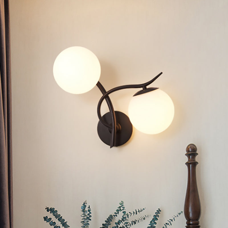 Contemporary Black Wall Sconce Light With 2 Bulbs And Milky Glass - Modern Globe Fixture