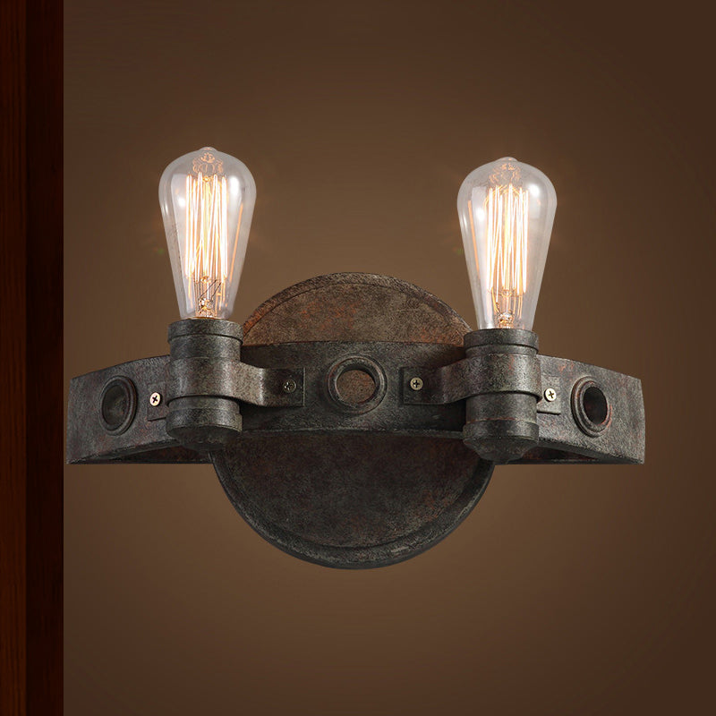 Rustic Wrought Iron Wall Sconce Light - Exposed Bulb 2 Lights Farmhouse Style For Restaurants