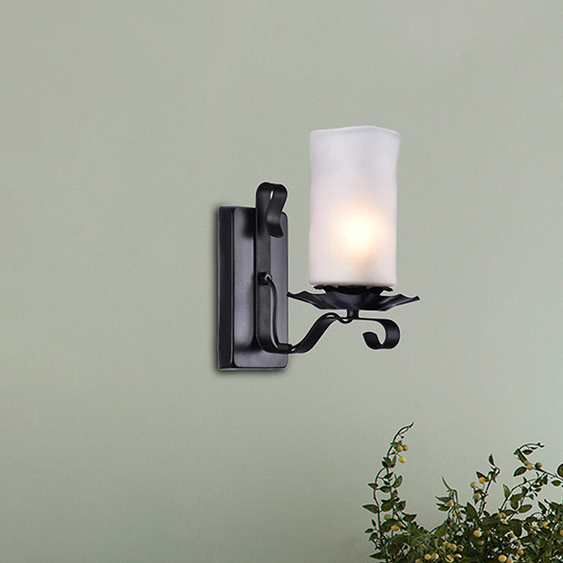 Industrial Frosted Glass Cylinder Bathroom Sconce Light Fixture - Black Wall Lamp