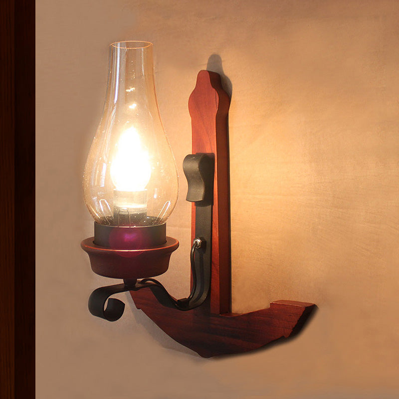 Industrial Rust Wall Lamp: Clear Glass Vase Porch Sconce Light With Wooden Backplate