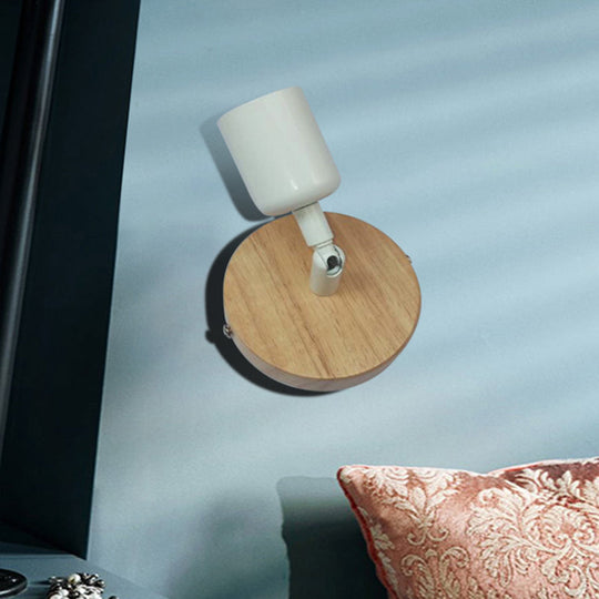 Minimalist Round Backplate Wall Sconce In White For Bedside - Wood And Metal Fixture