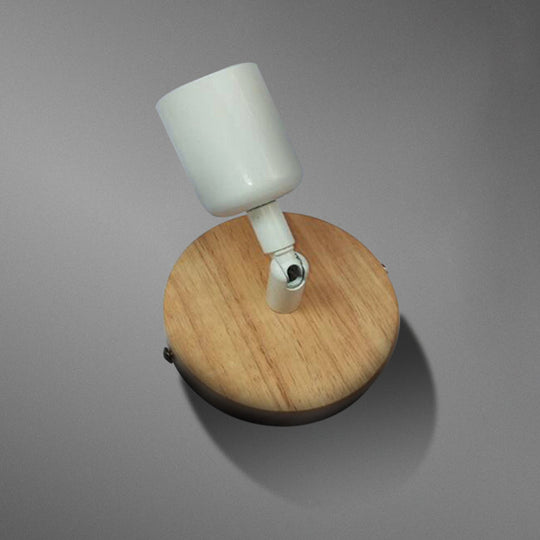 Minimalist Round Backplate Wall Sconce In White For Bedside - Wood And Metal Fixture