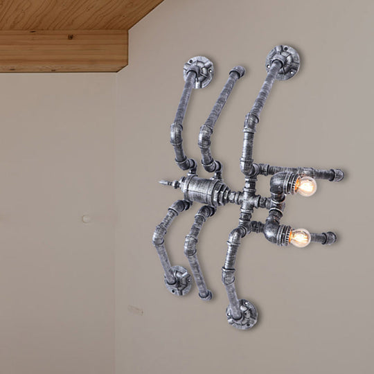Industrial Style Bronze/Silver Water Pipe Wall Lamp With Spider Design - 2 Bulbs Iron Mount Lighting