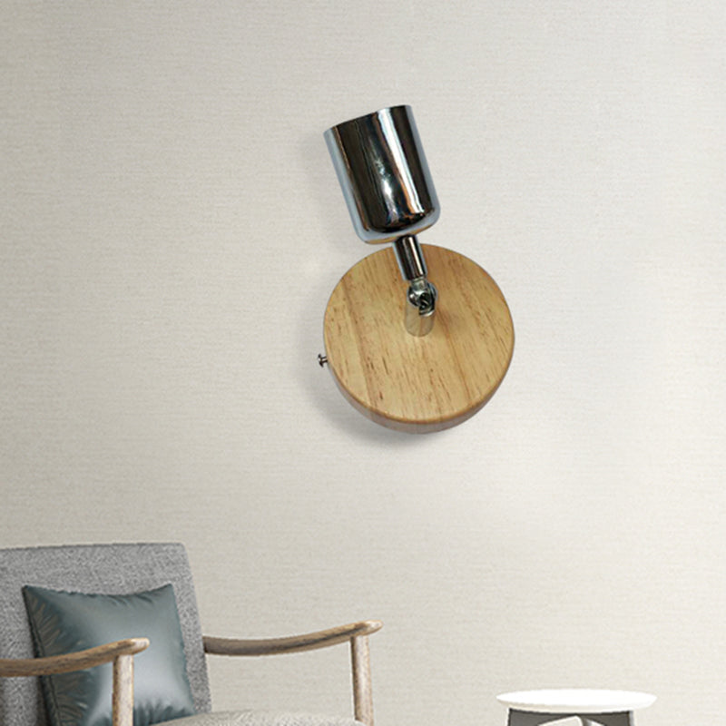 Metal Wall Lamp Lodge - Cup Shape 1 Light Silver/Gold Finish Circular Wooden Backplate Living Room
