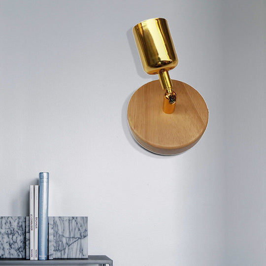 Metal Wall Lamp Lodge - Cup Shape 1 Light Silver/Gold Finish Circular Wooden Backplate Living Room