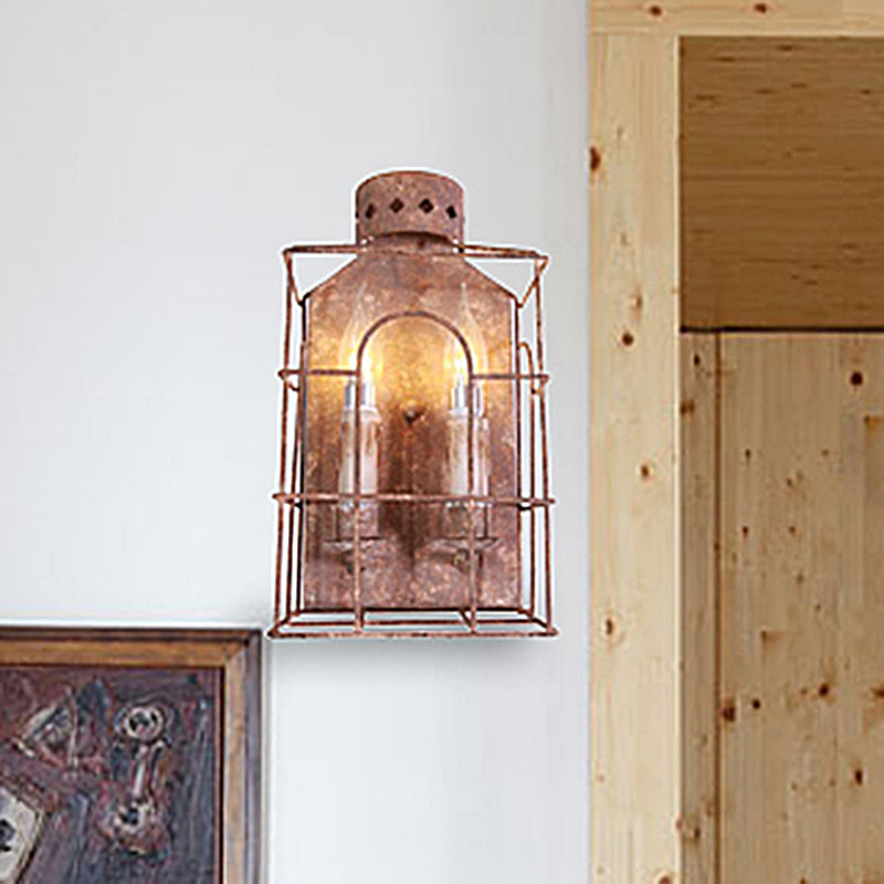 Vintage Metal Wire Cage Wall Sconce Light With 2-Lights For Hallway Corridor In Rustic Finish