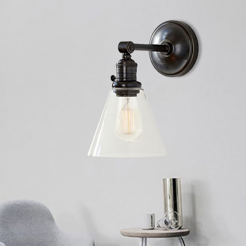 Industrial Wall Sconce With Clear Glass And Cone Shade Black