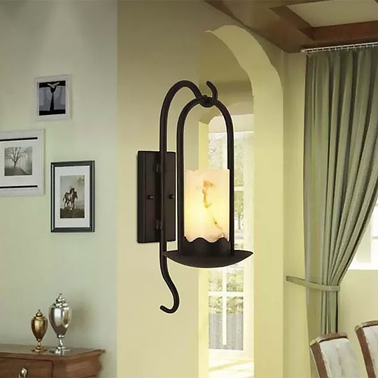 Industrial Black Marble Cylinder Wall Light: Single Bulb Living Room Sconce Lamp