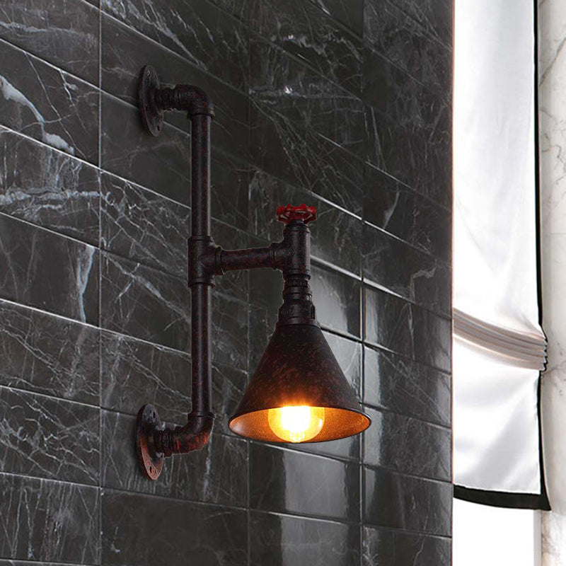 Rustic Industrial Plumbing Pipe Wall Lamp With Valve Decoration - 1 Light Metal Lighting In
