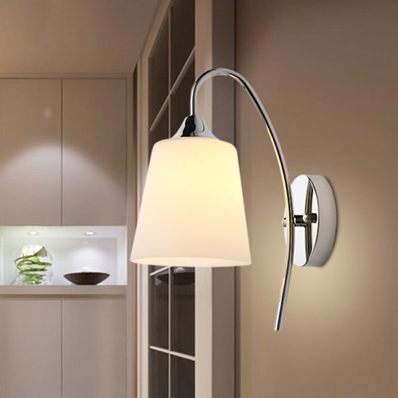 Modernist Bell Milk Glass Sconce Light With Curved Arm Chrome
