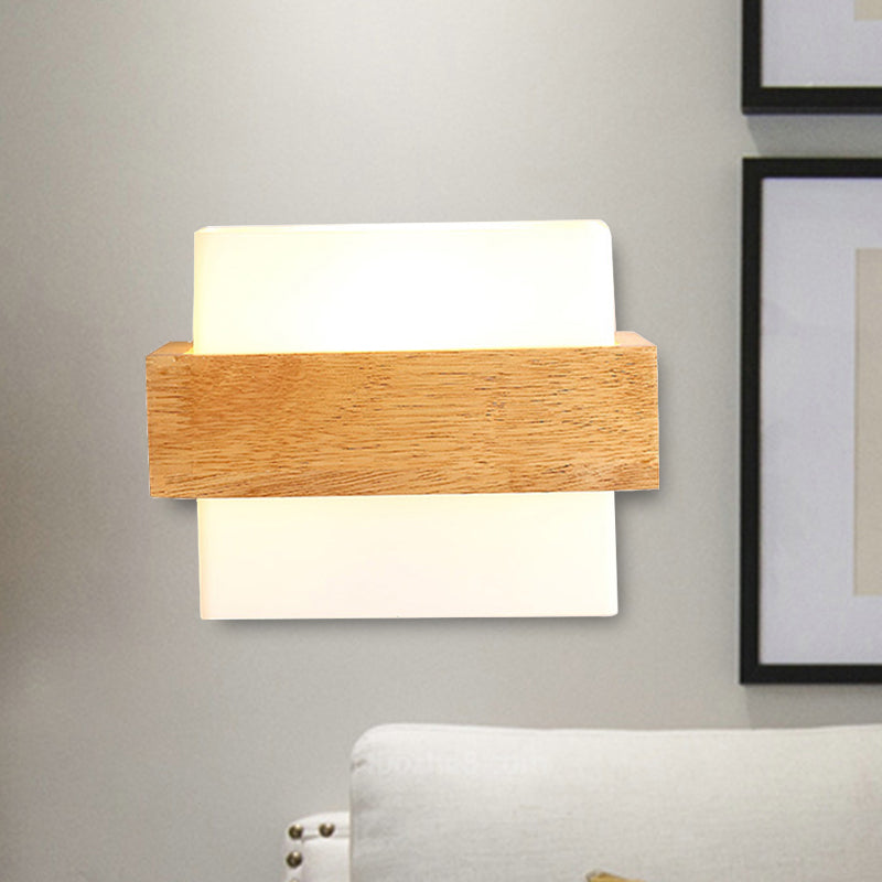 Japanese Cube Shade Sconce Lamp With Wood Deco Milk Glass - Modern Wall Lighting For Study Room