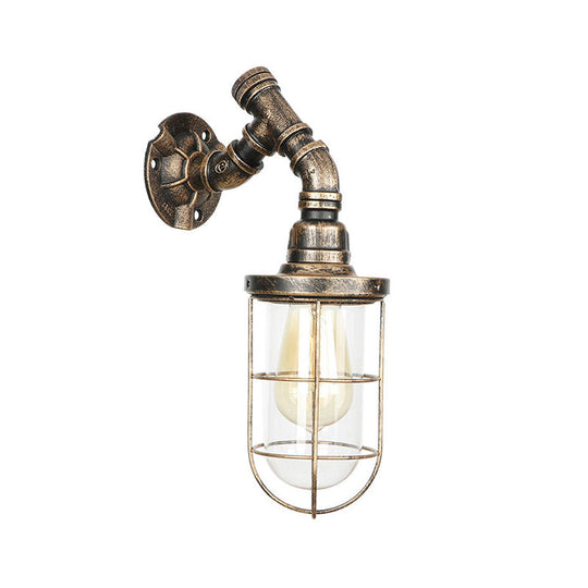 Iron Aged Brass Wall Fixture Light With Wire Cage - Rustic Stylish Mount Lighting