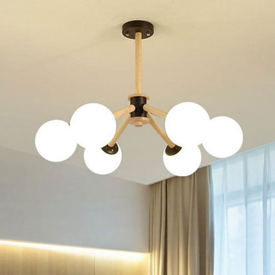 Modern White Glass Grape Ceiling Chandelier With Wood Branch - 6 Lights Suspended Light