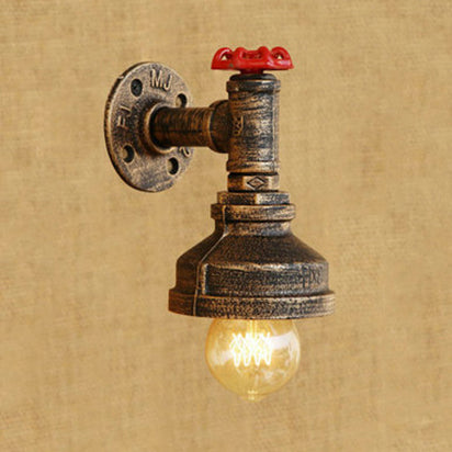 Rustic Metal Wall Light With Red Valve - Water Pipe Style 1 Bronze/Antique Brass Finish Ideal For