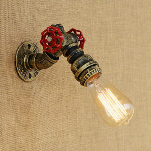Rustic Bronze/Antique Brass Open Bulb Wall Sconce With Red Valve Decoration