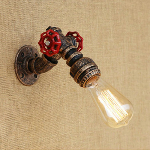Rustic Bronze/Antique Brass Open Bulb Wall Sconce With Red Valve Decoration Bronze