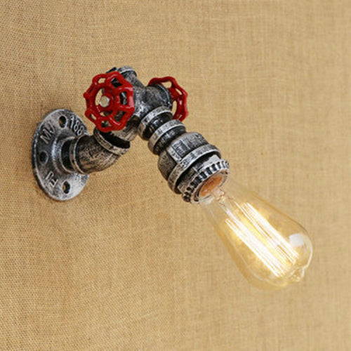 Rustic Bronze/Antique Brass Open Bulb Wall Sconce With Red Valve Decoration Aged Silver