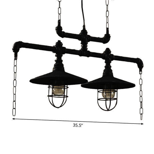 Steampunk Black Iron Hanging Light With Cage And Chain - 2/3 Heads Saucer Island Fixture