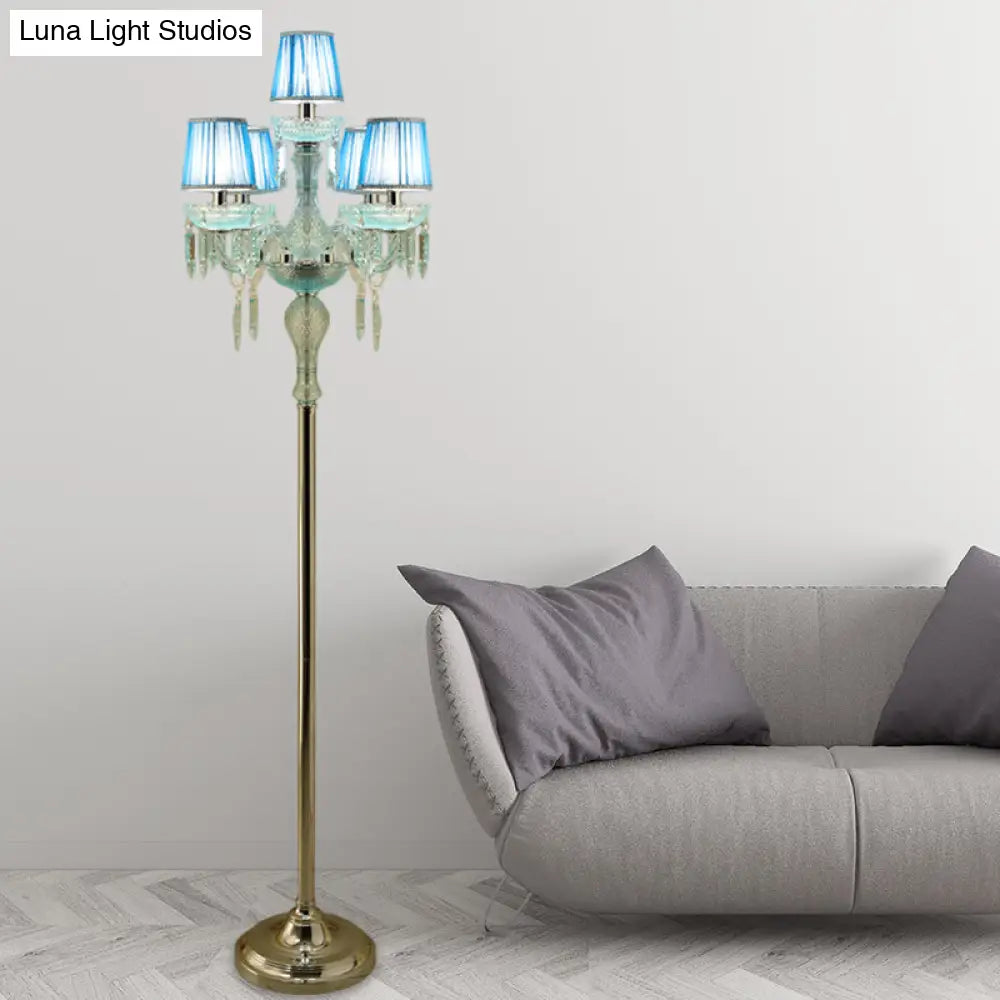 5/6/7-Bulb Traditional Crystal Candelabra Floor Lamp In Blue With Pleated Shade