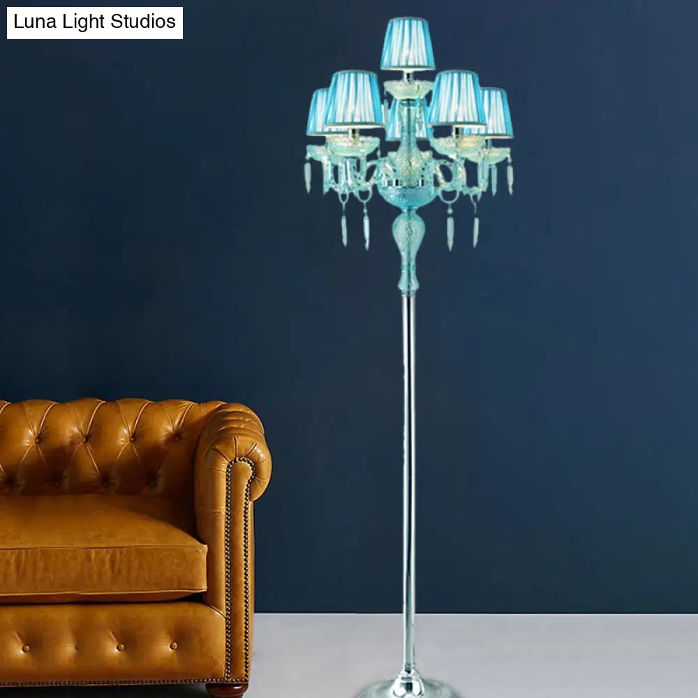 5/6/7-Bulb Traditional Crystal Candelabra Floor Lamp In Blue With Pleated Shade