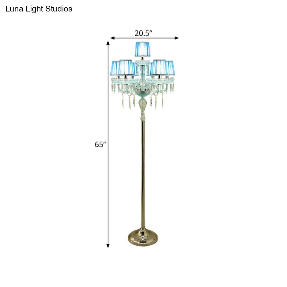 5/6/7-Bulb Traditional Crystal Candelabra Floor Lamp In Blue With Pleated Shade