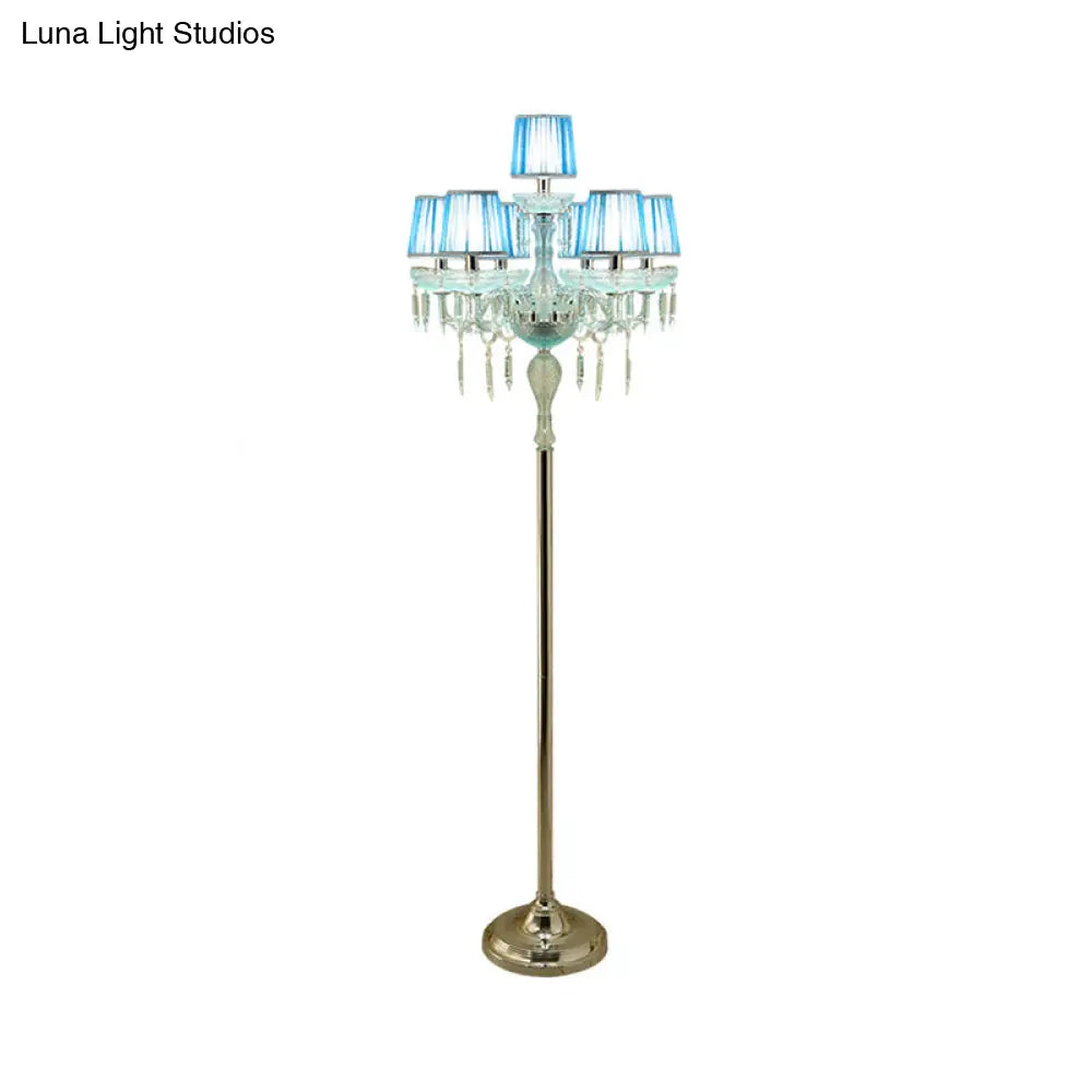 5/6/7-Bulb Traditional Crystal Candelabra Floor Lamp In Blue With Pleated Shade