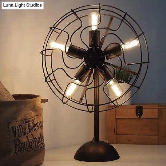 5-Bulb Farmhouse Style Table Lamp With Fan Design Cage Shade And Metallic Black Finish Perfect For