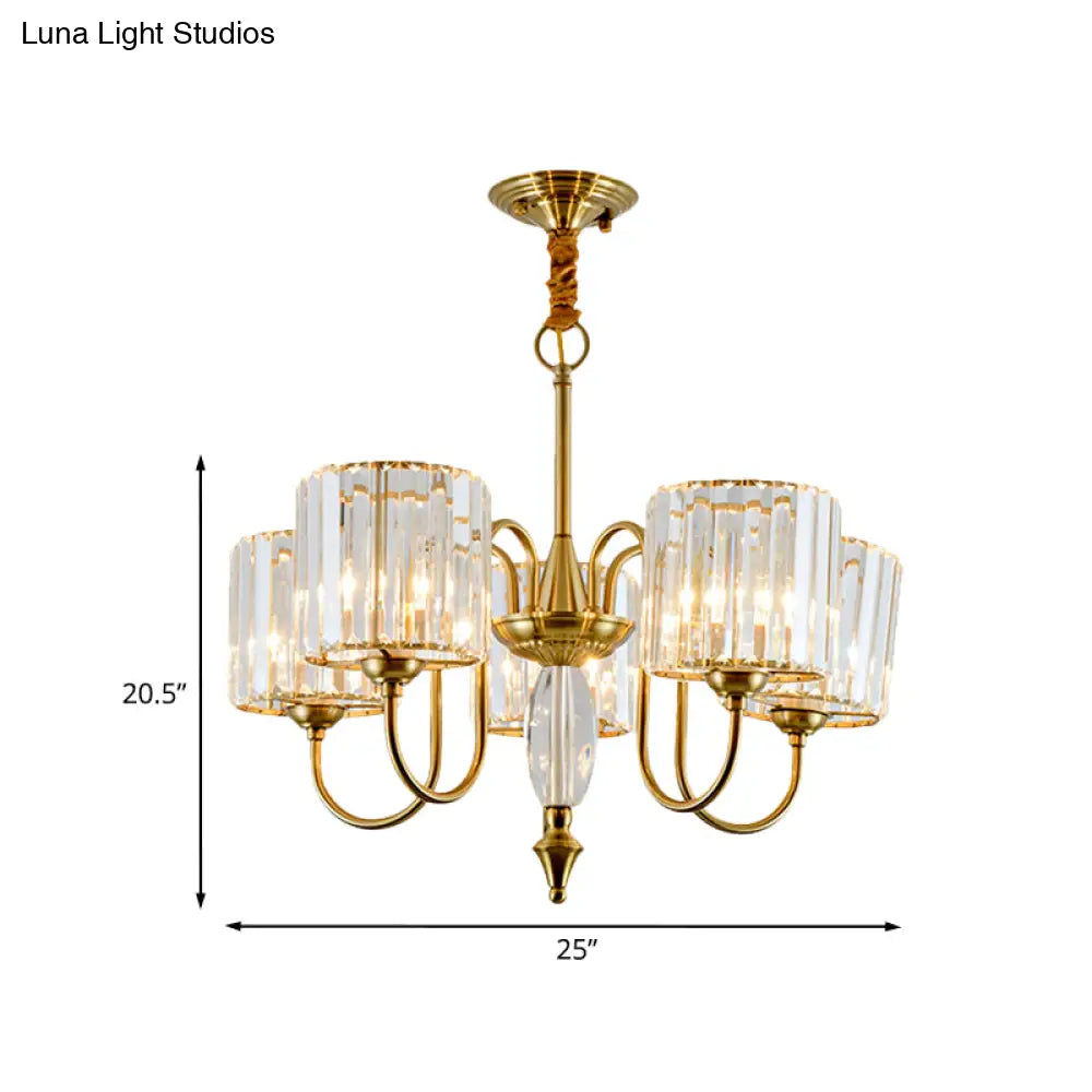 5-Bulb Gold Modern Pendulum Chandelier With Crystal Block Drum Shade - Perfect For Dining Room