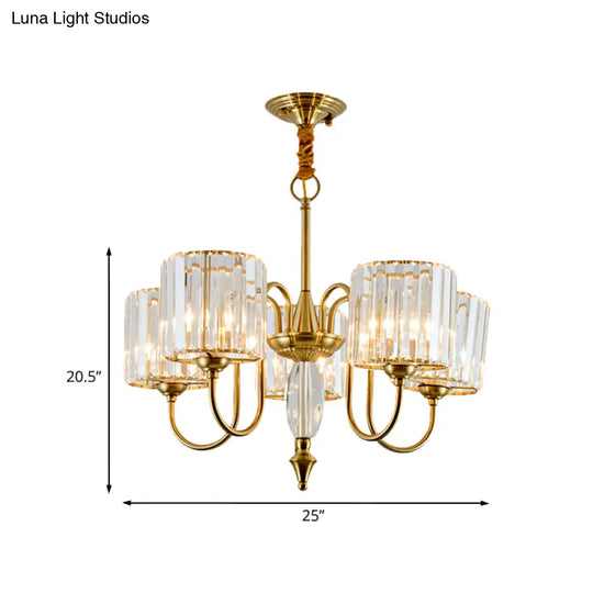 5-Bulb Gold Modern Pendulum Chandelier With Crystal Block Drum Shade - Perfect For Dining Room