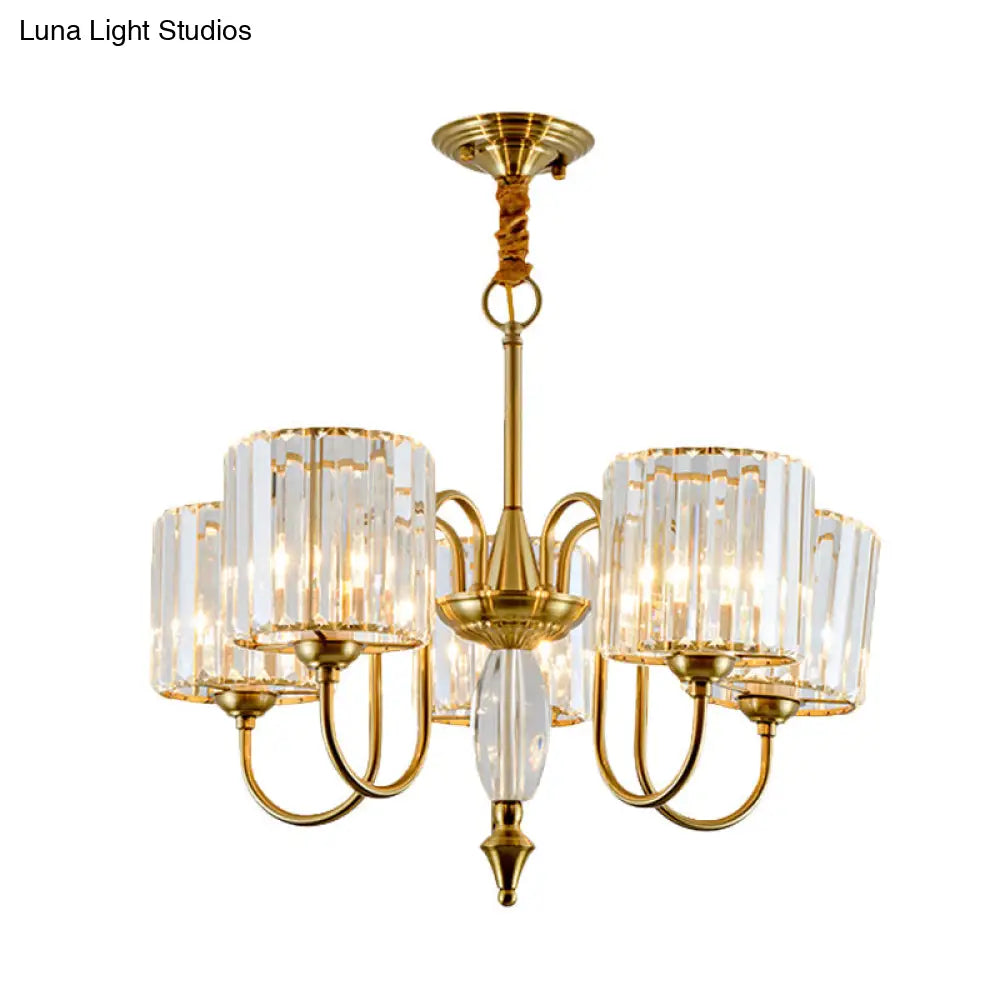 5-Bulb Gold Modern Pendulum Chandelier With Crystal Block Drum Shade - Perfect For Dining Room