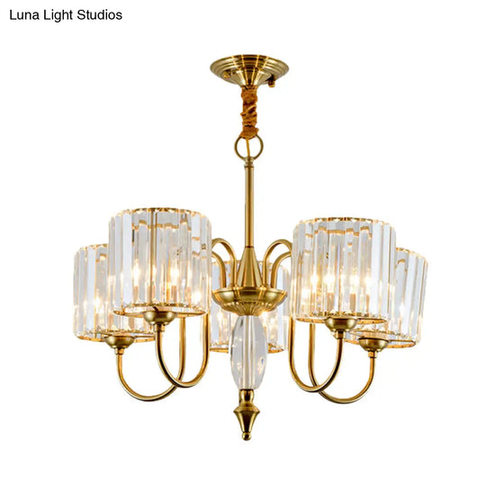 5-Bulb Gold Modern Pendulum Chandelier With Crystal Block Drum Shade - Perfect For Dining Room