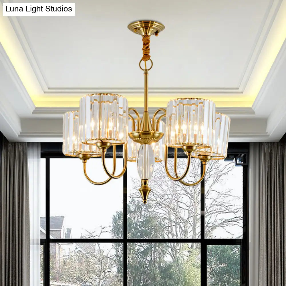 5-Bulb Gold Modern Pendulum Chandelier With Crystal Block Drum Shade - Perfect For Dining Room