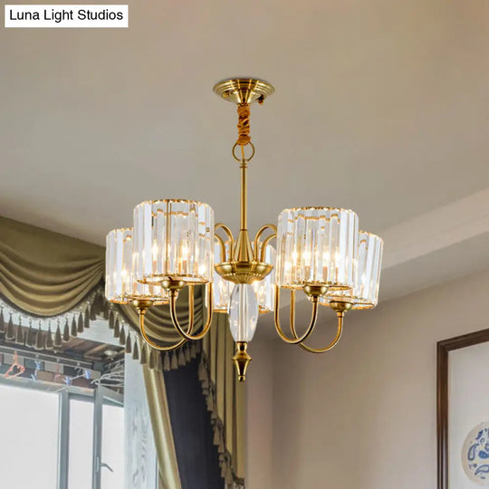 Modern Crystal Block Chandelier With Drum Shade - Gold Finish