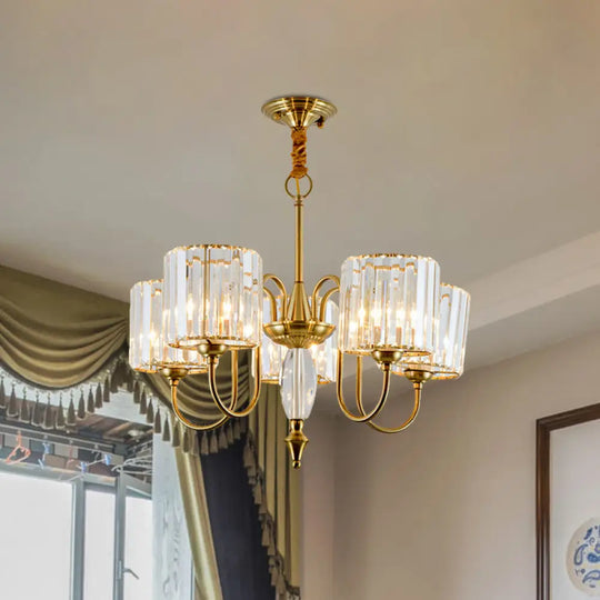 5-Bulb Gold Modern Pendulum Chandelier With Crystal Block Drum Shade - Perfect For Dining Room