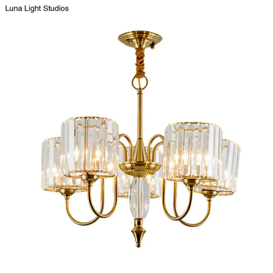 Modern Crystal Block Chandelier With Drum Shade - Gold Finish