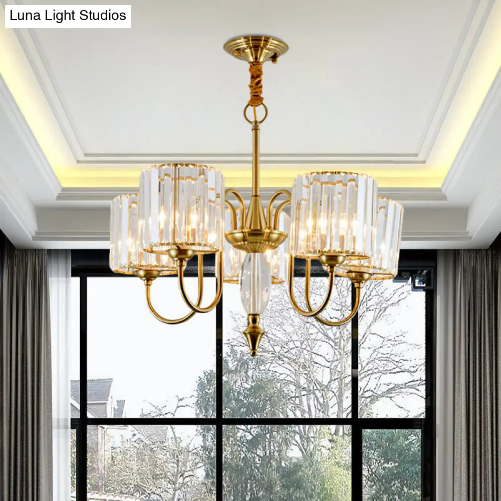 Modern Crystal Block Chandelier With Drum Shade - Gold Finish