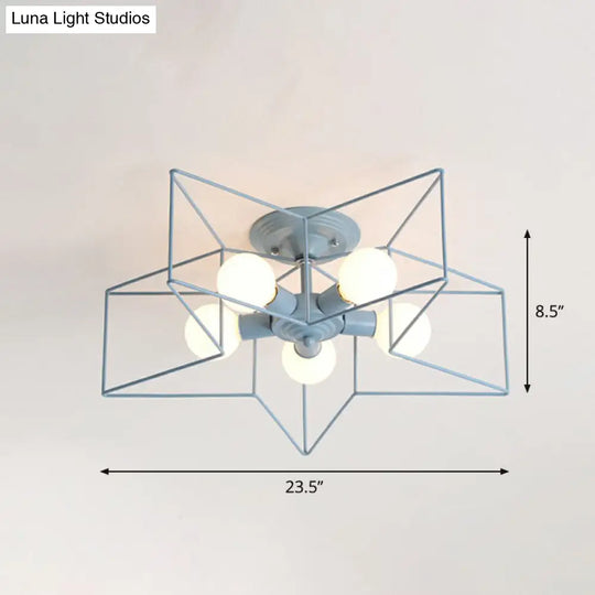 5-Bulb Iron Star Semi Flush Mount Ceiling Light For Simple Living Room Decor Blue