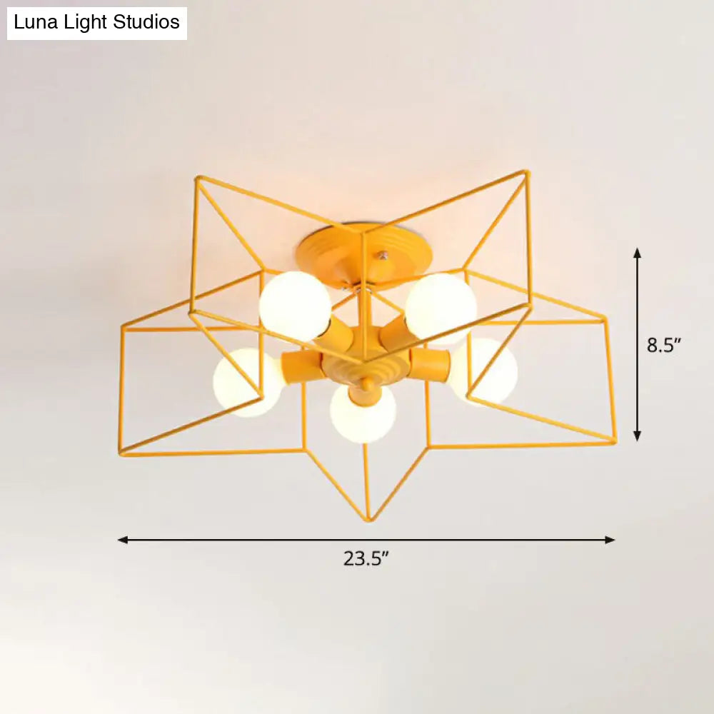 5-Bulb Iron Star Semi Flush Mount Ceiling Light For Simple Living Room Decor Yellow