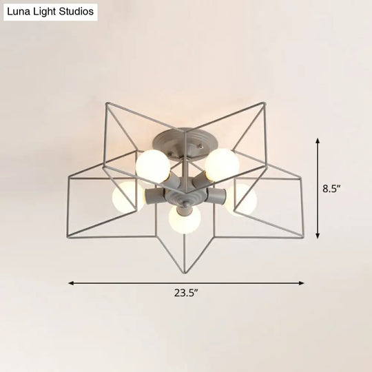 5-Bulb Iron Star Semi Flush Mount Ceiling Light For Simple Living Room Decor Grey