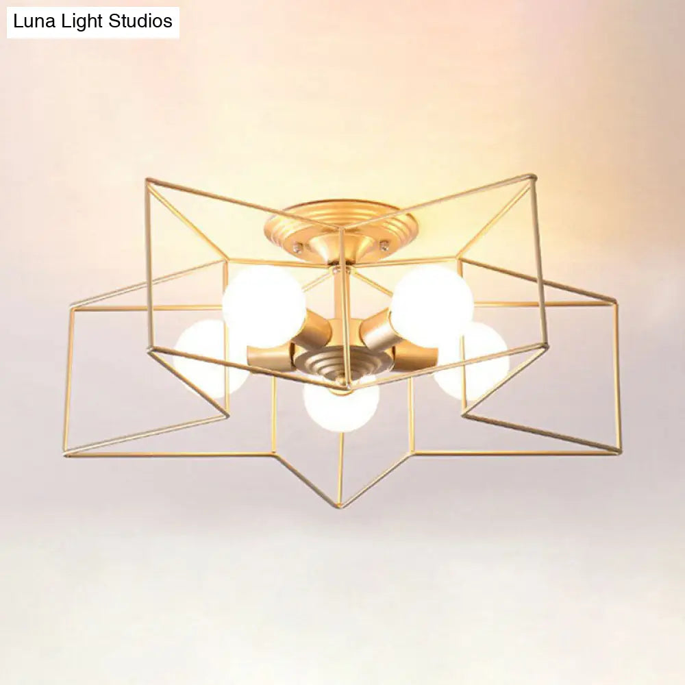 5-Bulb Iron Star Semi Flush Mount Ceiling Light For Simple Living Room Decor