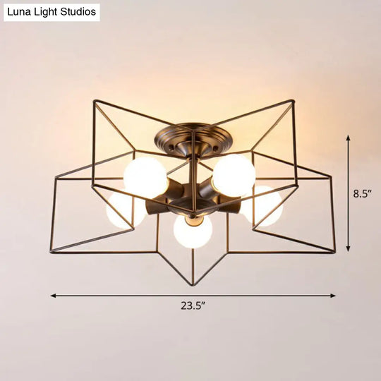 5-Bulb Iron Star Semi Flush Mount Ceiling Light For Simple Living Room Decor Black