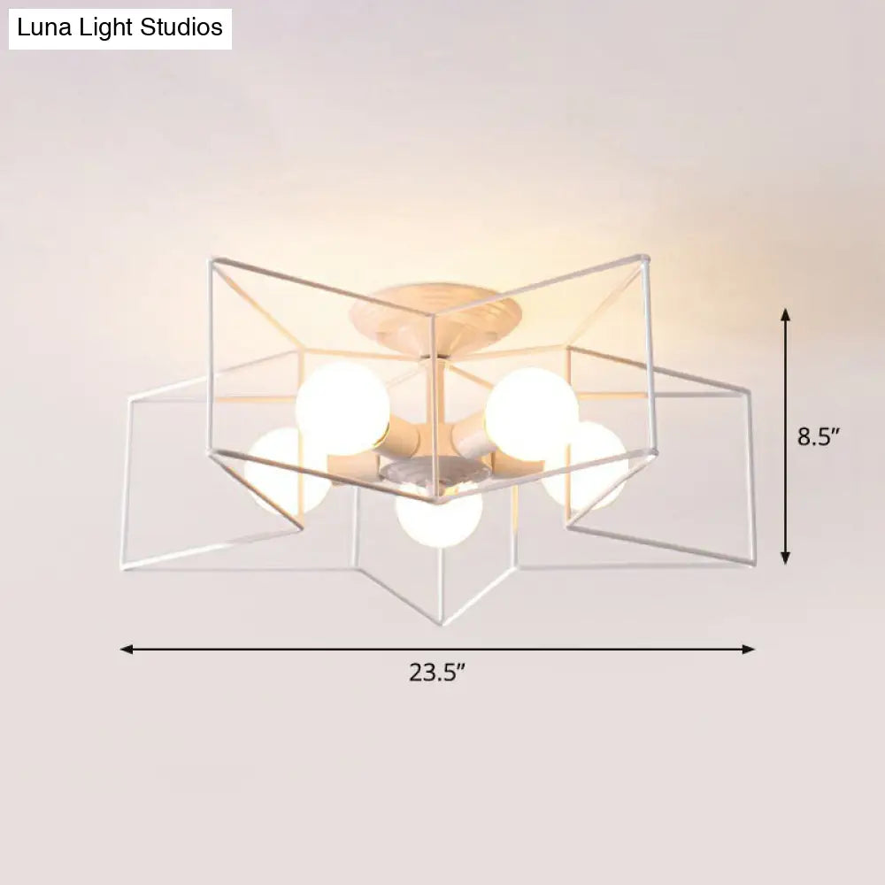 5-Bulb Iron Star Semi Flush Mount Ceiling Light For Simple Living Room Decor White