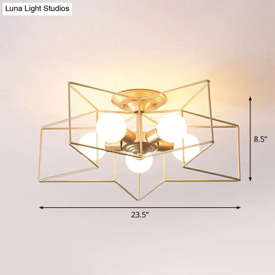 5-Bulb Iron Star Semi Flush Mount Ceiling Light For Simple Living Room Decor Gold