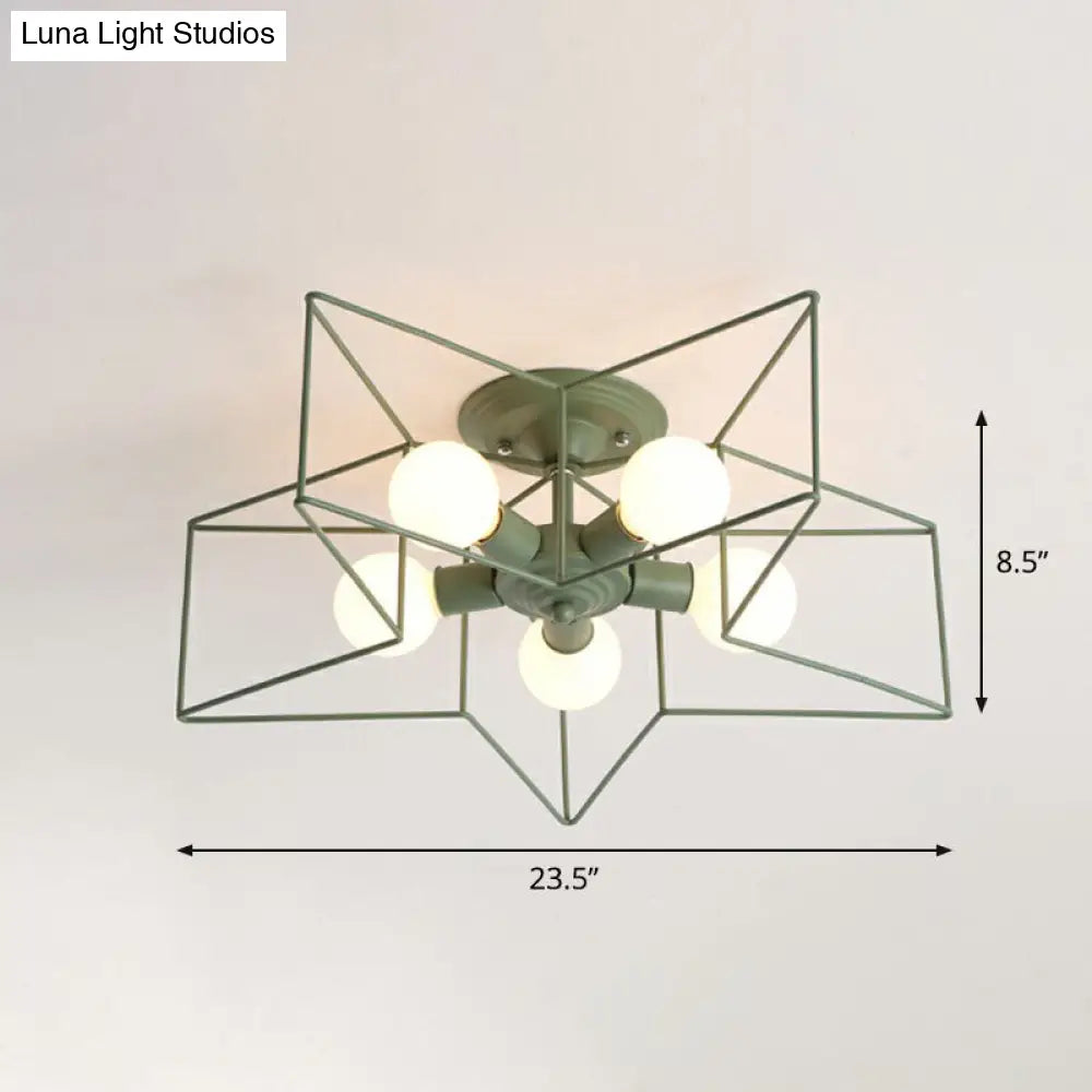 5-Bulb Iron Star Semi Flush Mount Ceiling Light For Simple Living Room Decor Green