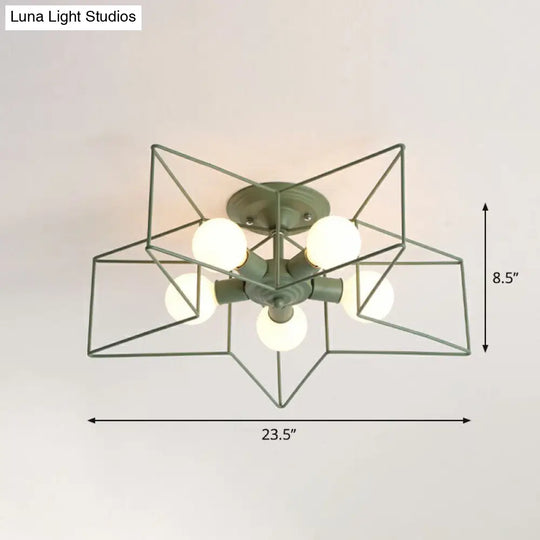 5-Bulb Iron Star Semi Flush Mount Ceiling Light For Simple Living Room Decor Green