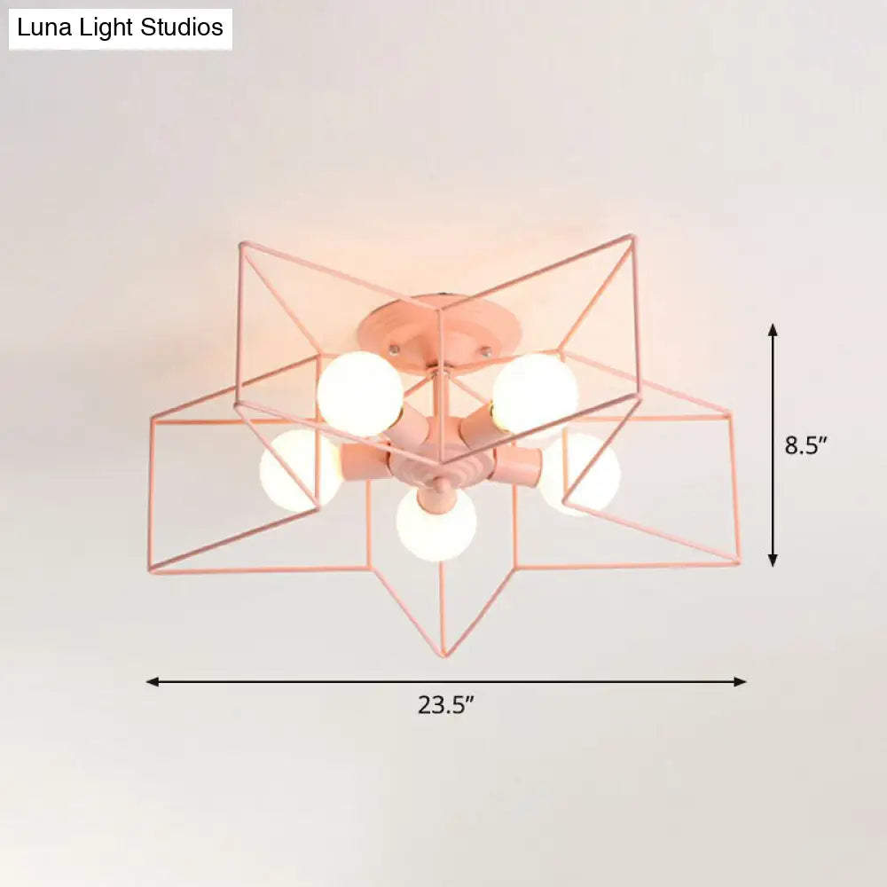 5-Bulb Iron Star Semi Flush Mount Ceiling Light For Simple Living Room Decor Pink