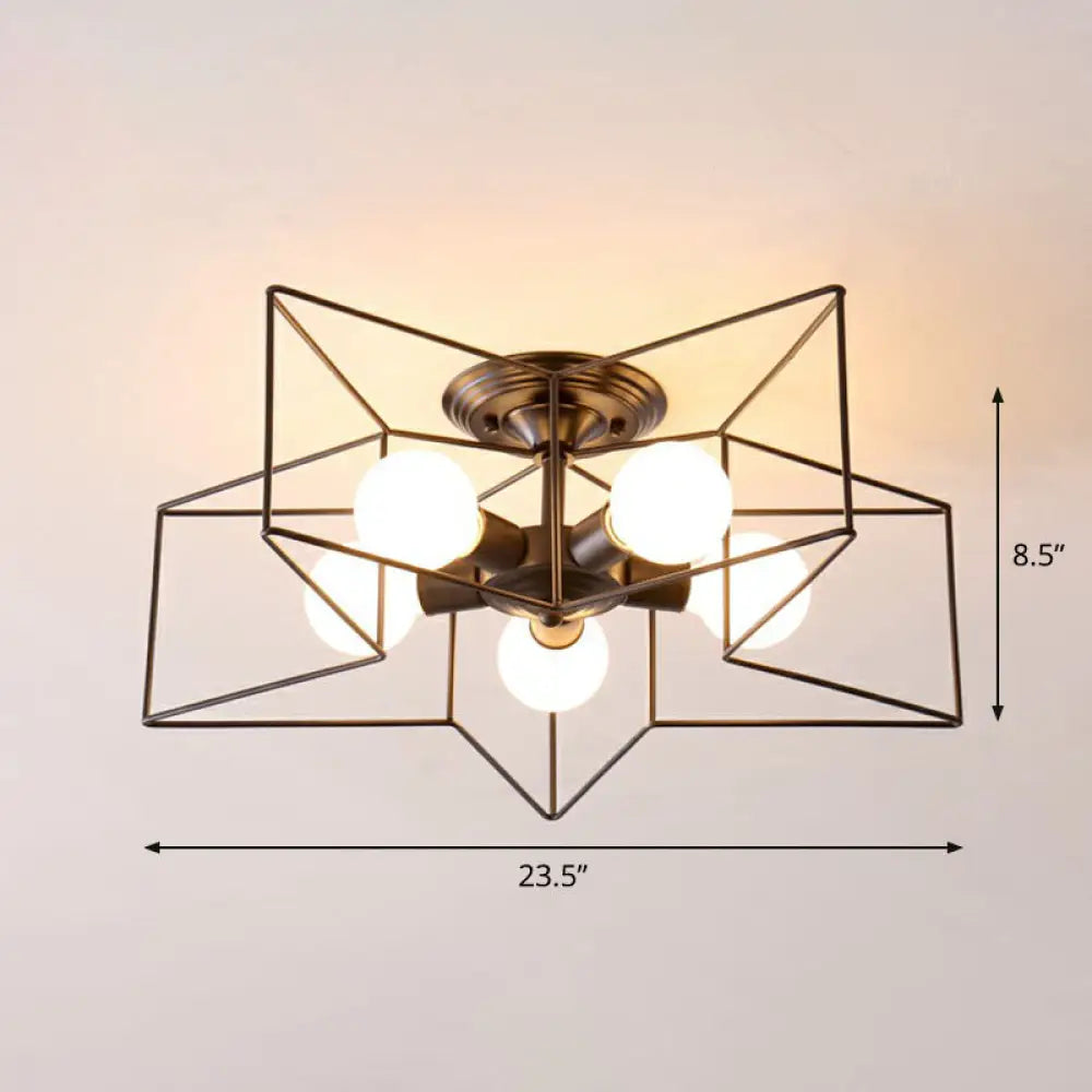 5 - Bulb Iron Star Semi Flush Mount Ceiling Light For Simple Living Room Decor Black