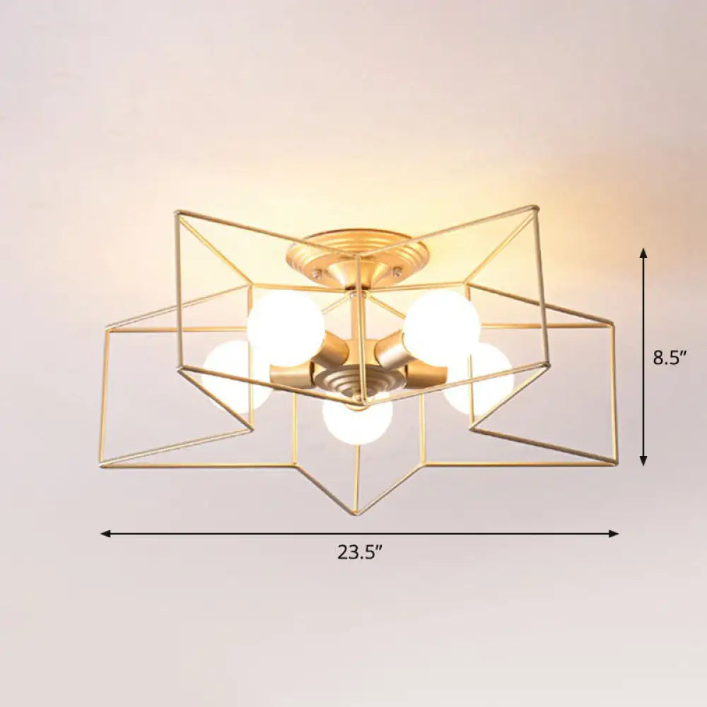 5 - Bulb Iron Star Semi Flush Mount Ceiling Light For Simple Living Room Decor Gold