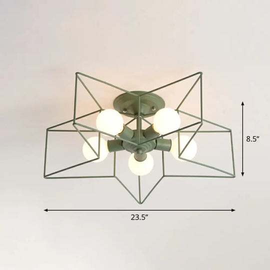 5 - Bulb Iron Star Semi Flush Mount Ceiling Light For Simple Living Room Decor Green