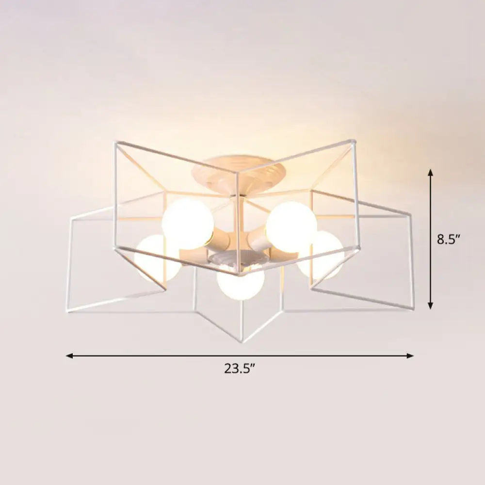 5 - Bulb Iron Star Semi Flush Mount Ceiling Light For Simple Living Room Decor White